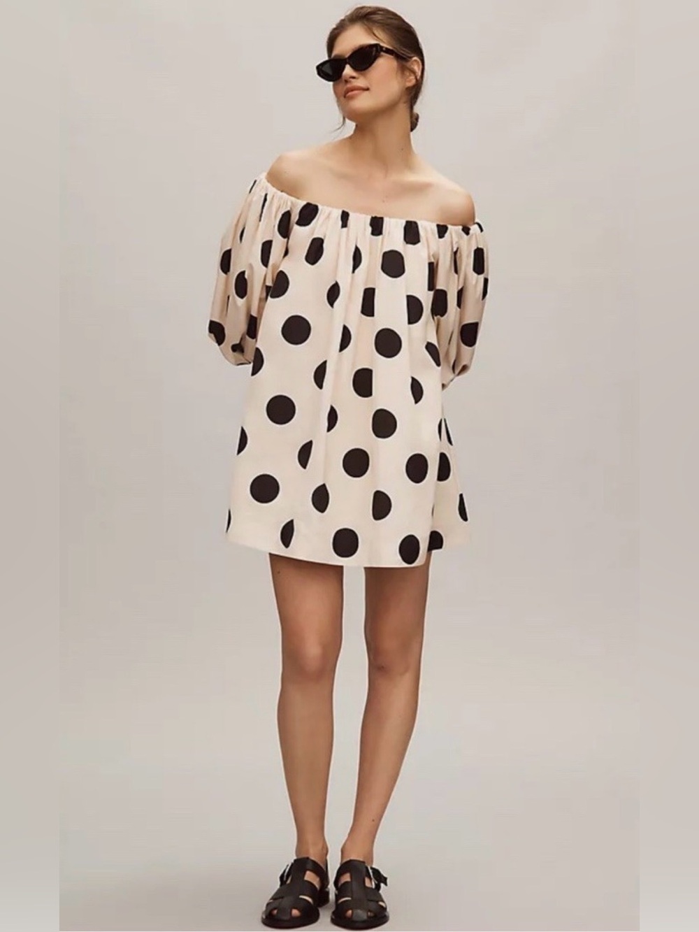 Anthropologie Cream Off-Shoulder Mini Dress with Black Polka Dots